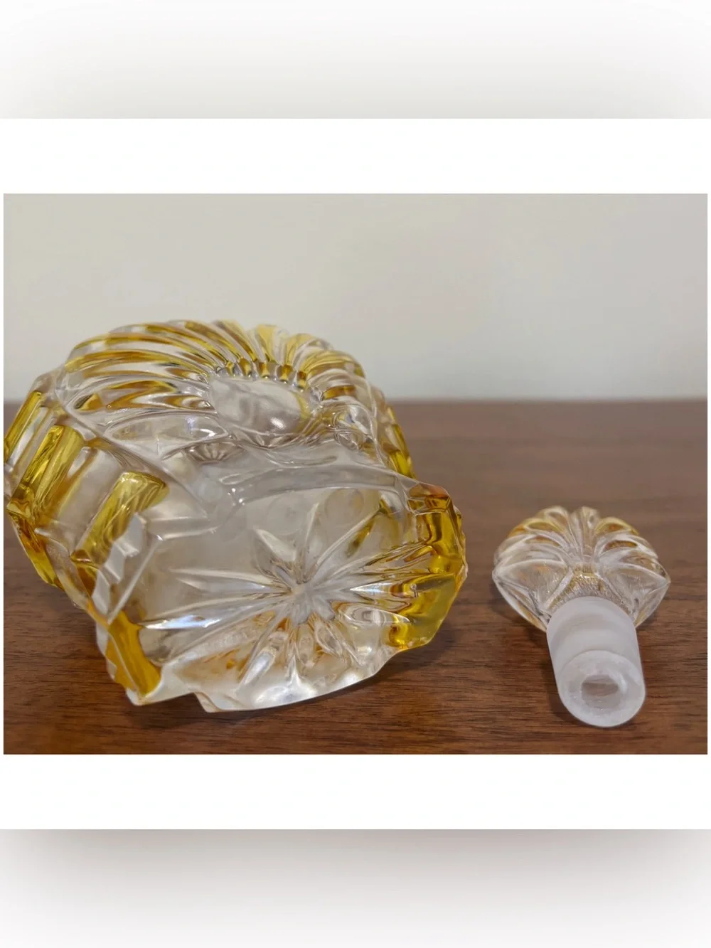 Vintage Bohemian Shell Shaped Amber Clear Glass Decanter 9”